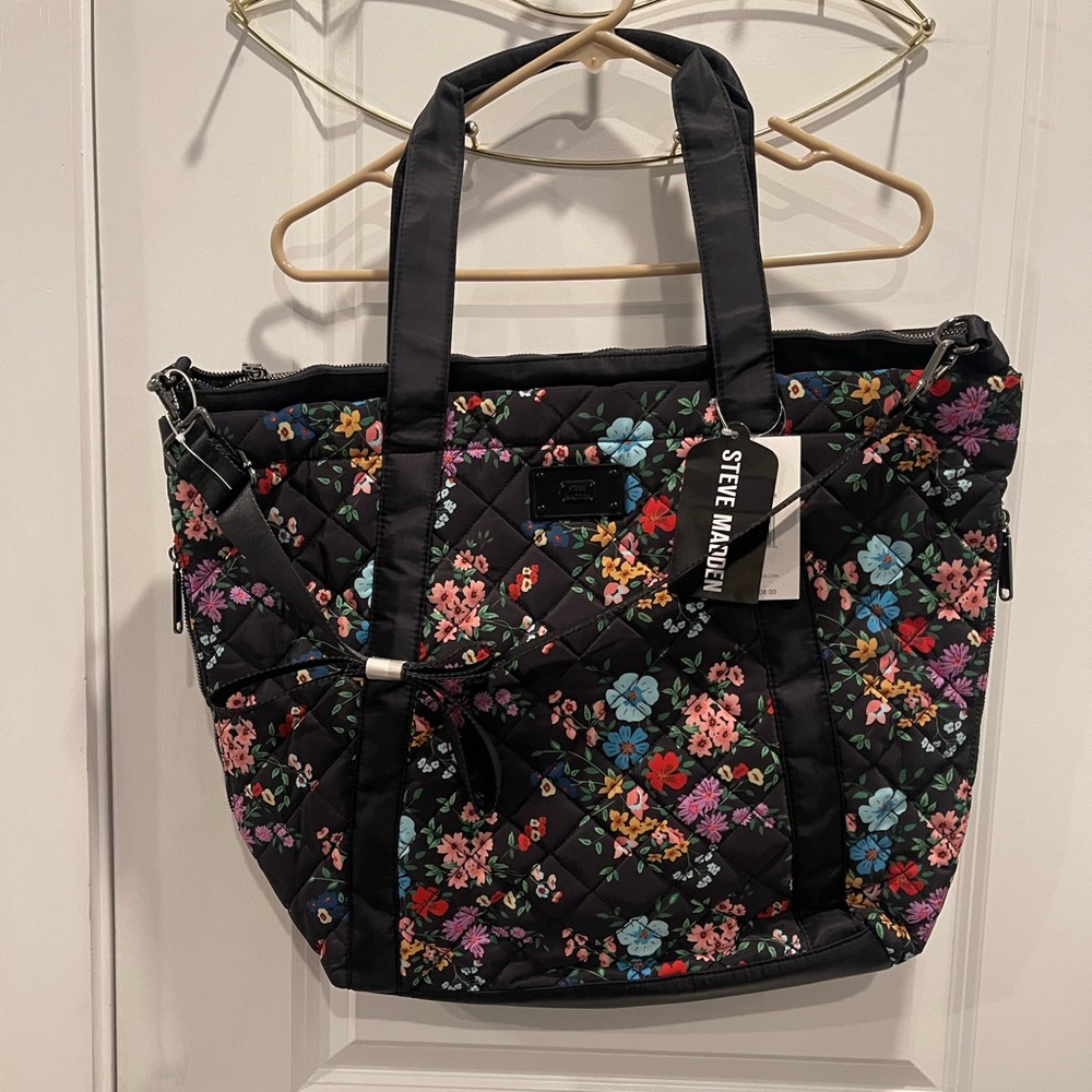 Steve Madden Black and Floral Print Weekender Tote Bag
